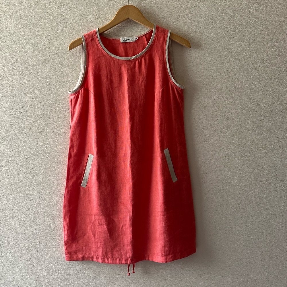I Linen Crew Neck Sleeveless Dress in Coral with Natural Colored Trim size M - Picture 7 of 8
